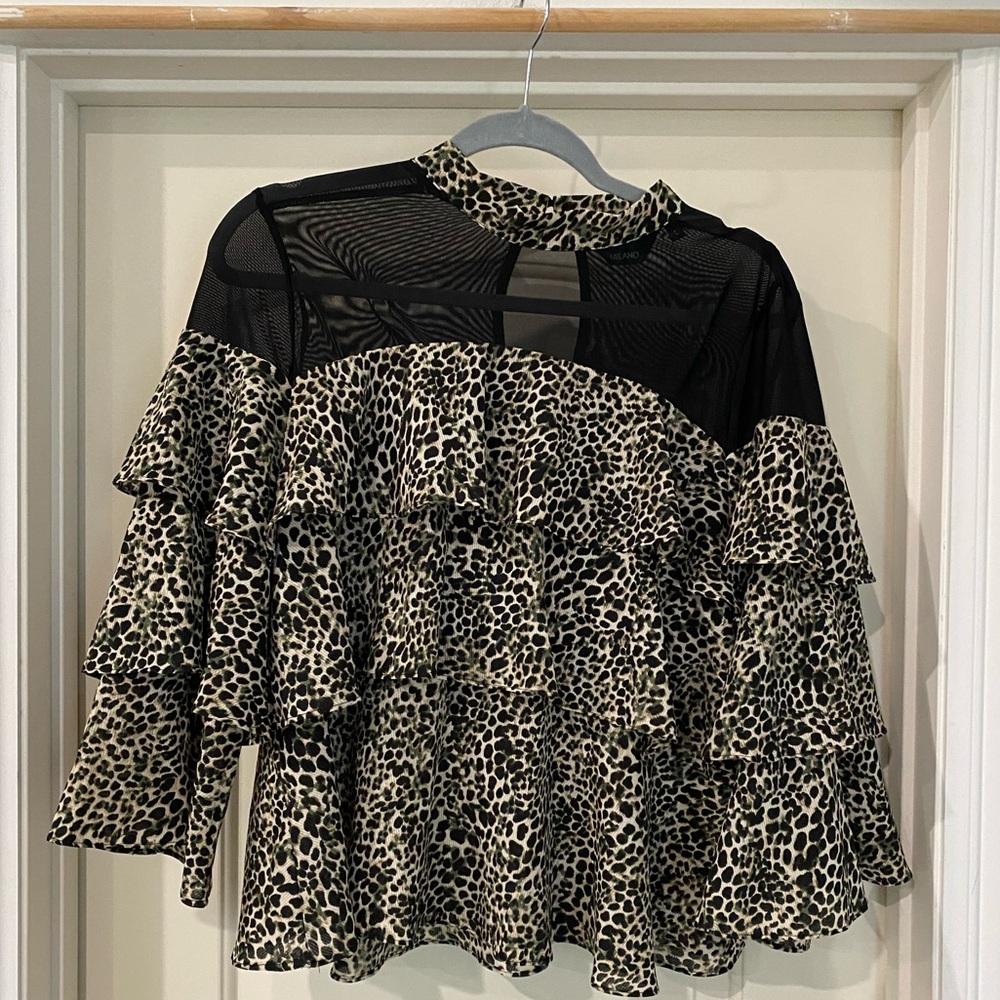 P•LUCA MILANO Mock Neck Ruffle Blouse Tiered Animal Print  Large